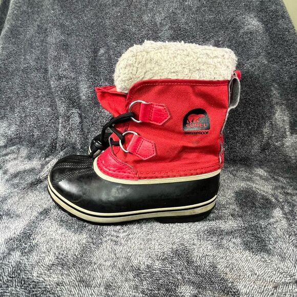 Sorel Kids Sz 13  Pac Red Nylon Waterproof Sherpa Collar Winter Snow Boots - Picture 3 of 8